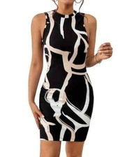 New Colorblock Bodycon Crew Neck Dress, Elegant Black & White Sleeveless Dress M