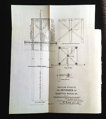 1904 Engineering Diagram Shows Datum Points for Defenses of Hampton Rd VA