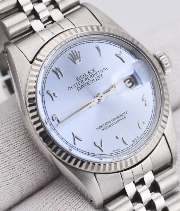 Rolex Datejust 16014 Ice Blue Eastern Arabic Dial 36mm Watch 18K Gold  Steel