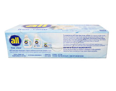 All Free Clear Fabric Softener Dryer Sheets - 80 Count, Hypoallergenic & Dye-Free