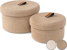 Set of 2 Decorative Storage Baskets with Lids - Round Woven Baskets for Home