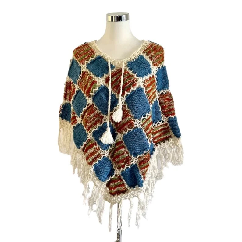 Poncho Wolle bunt Fransen Boho Überwurf Goa Nepal Umhang Hippie Häkelponcho - Bild 1 von 4