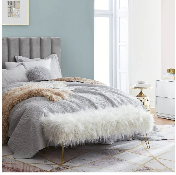 Faux Fur Bedroom Bench Ottoman Foot Rest Stool Seat Gold Legs 45
