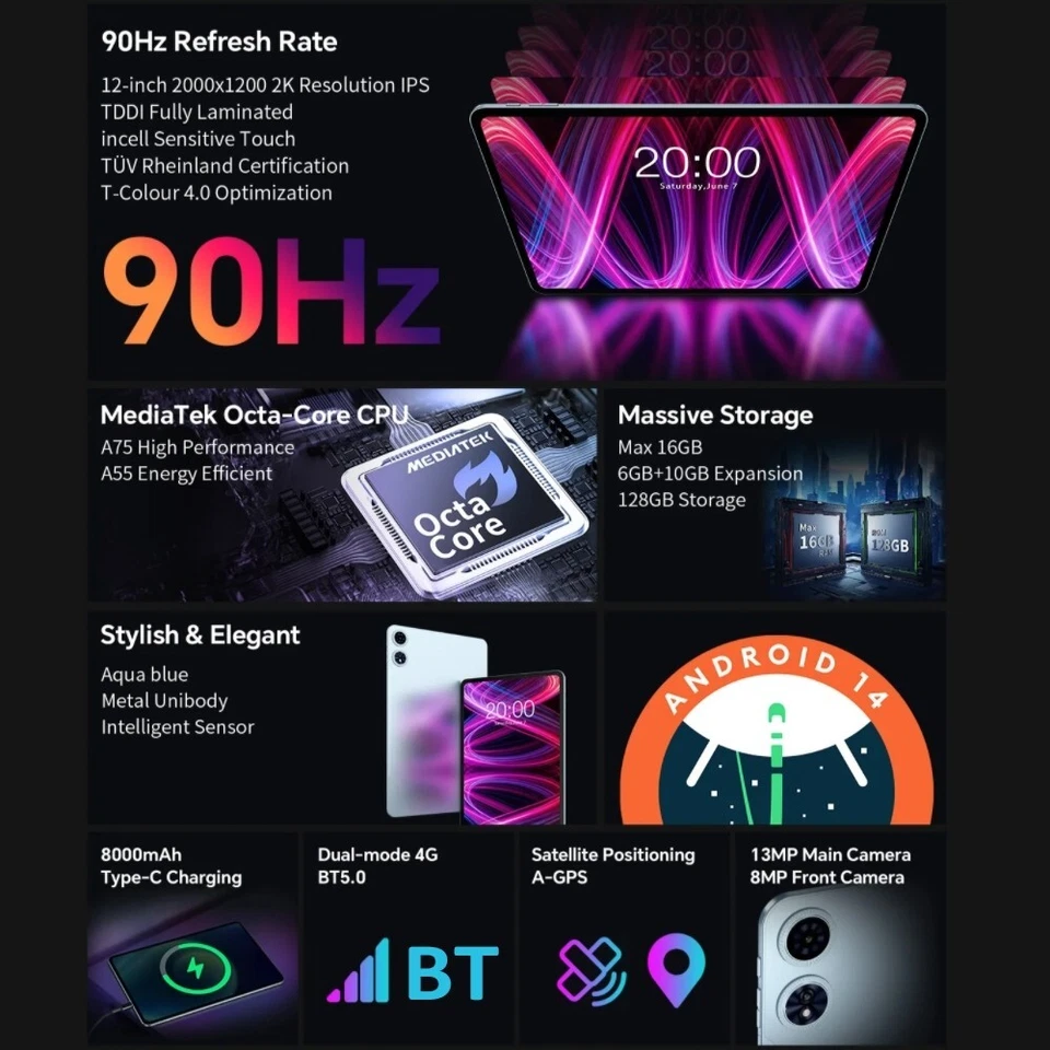 Teclast 12 inch Tablet 90Hz Refresh Rate Display Android 14 6GB RAM 128GB ROM - Image 3 of 4