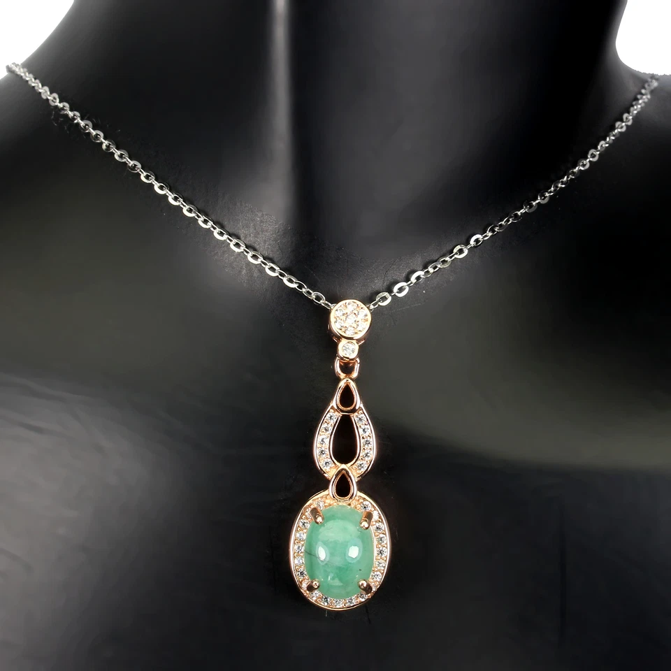Collana In Argento Sterling 925 Con Ovale Verde Smeraldo 9x7mm Gioielleria 18 - Immagine 2 di 4
