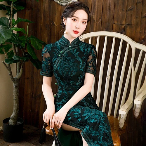 Lujoso Vestido Largo Chino Verde Esmeralda Encaje Cheongsam Qipao*/ - Imagen 2 de 5
