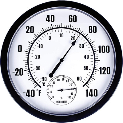 10'' Waterproof Wall Thermometer with Hygrometer for Indoor/Outdoor Use (Black)
