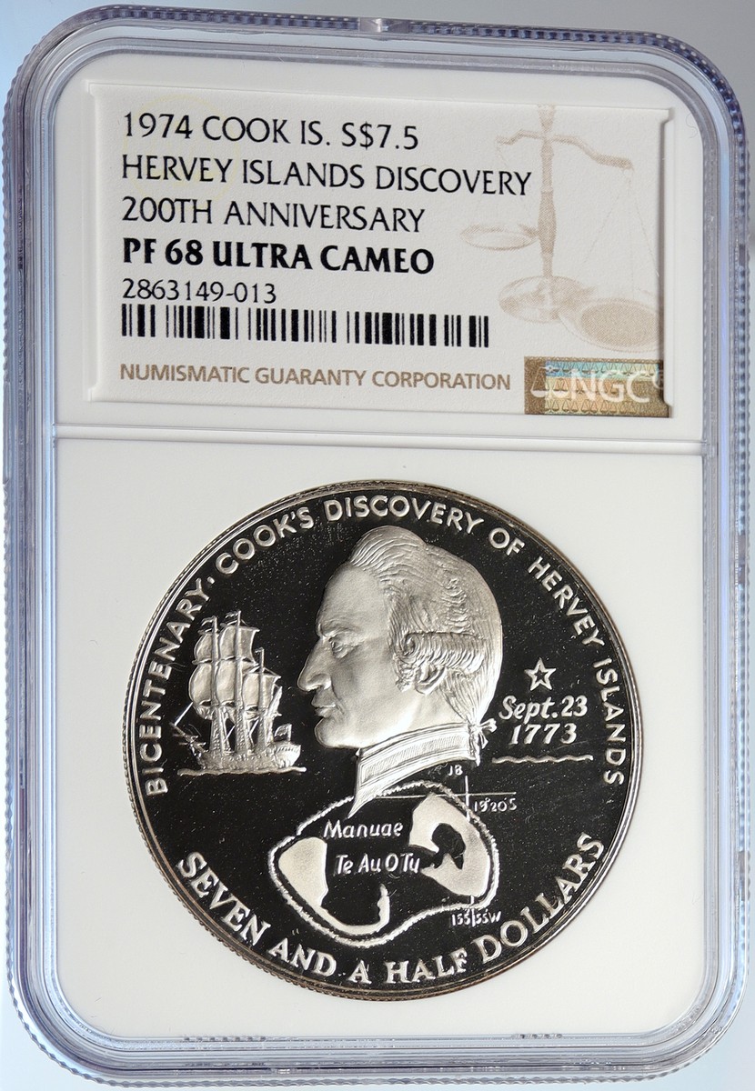 1974 COOK ISLANDS Elizabeth II James Cook PRF Silver 7.5 Dollar
