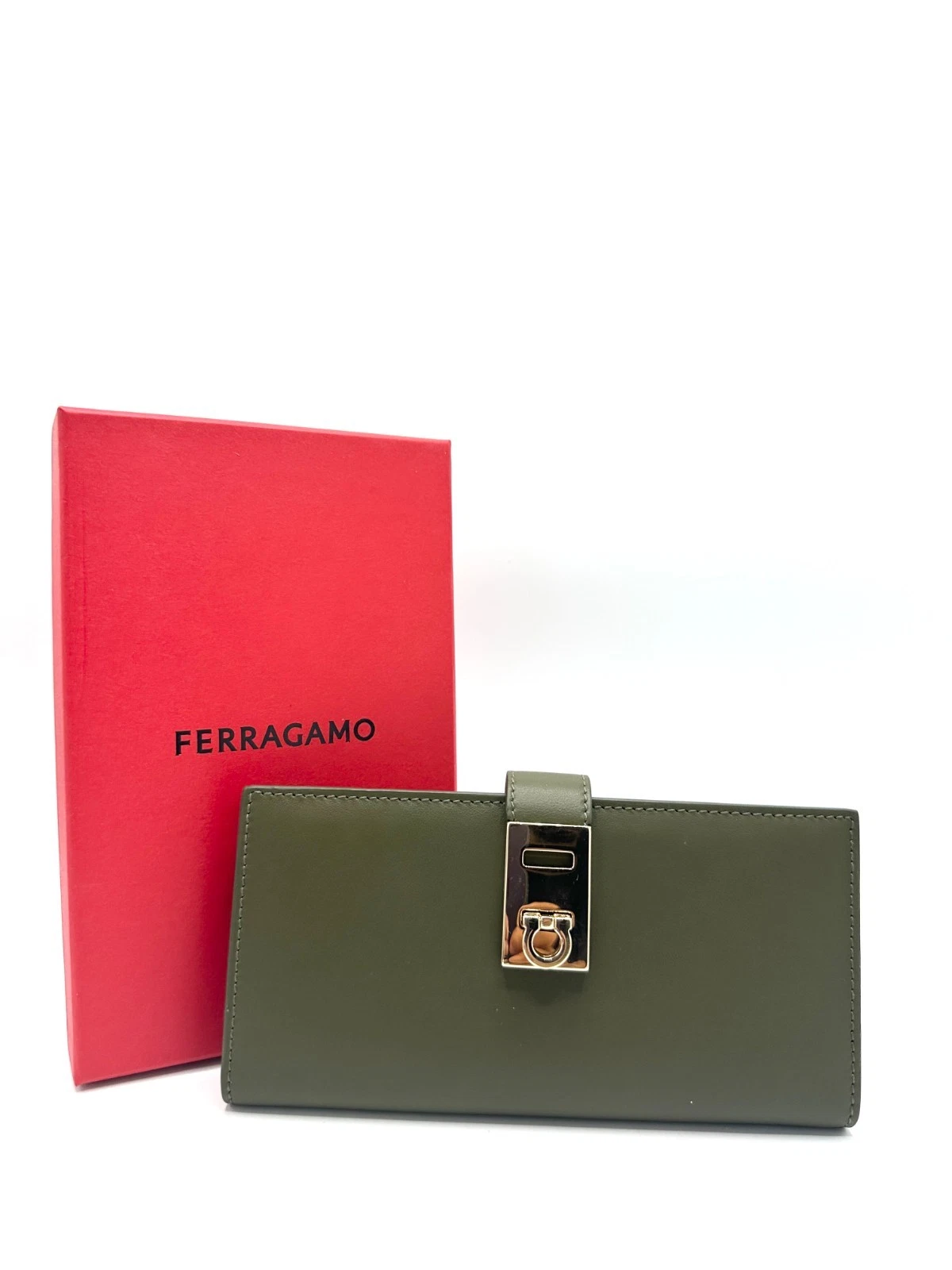 Ferragamo — Ebay Live Listings - 53176 Ferragamo Olive Green GHW Gancini Hug Long Wallet