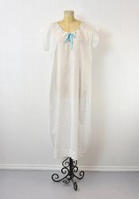 Antique White Cotton Floral Blue Ribbon Victorian Nightgown Dress Larger Size