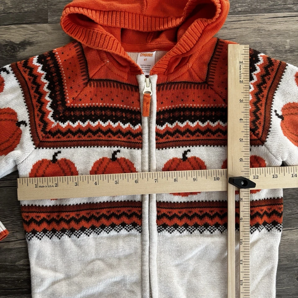 Gymboree Kids Fair Isle Pumpkin Zip-Up Hoodie Sweater 4t Cardigan Orange Cream - Image 3 of 4