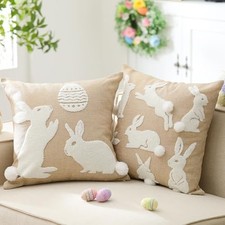 Easter Throw Pillow Covers 18 x 18 Inch Set of 2 Neutral Embroidered Bunny