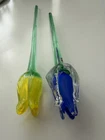 2 Hand blown Murano Type Art Glass Yellow and Blue Tulip Flowers 11” and 13”