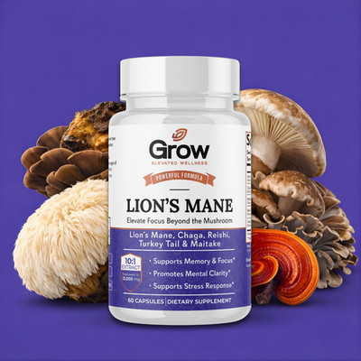 Grow Vitamin Premium Mushroom Supplement 13,000mg Per Serving. 60 Capsules