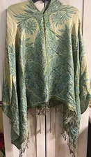 Pashmina *Green-Cream-Blue Flowers- Small Tassels- 55% Acrylic - 45% Viscose