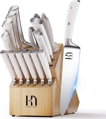 KnifeSaga 15pc Kitchen Knife Block Set White High Carbon Steel With Sharpener