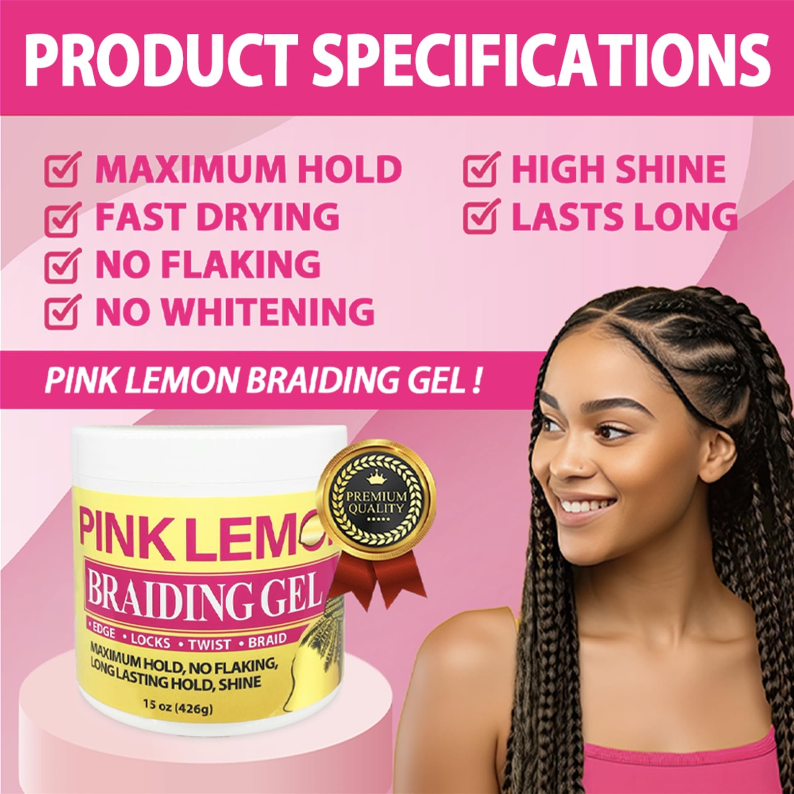 Pink Lemon Braiding Gel 10oz Maximum Hold No Flaking High Shine All Hair Types