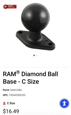 RAM-238U RAM Mounts 2.43'' x 1.31'' Diamond Base with C-Sized 1.5'' Ball AUTH DLR