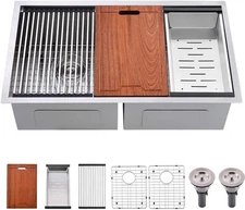 33" Kitchen Sink Double Bowl-Bokaiya 33x19 Workstation Stainless Steel 16 Gauge