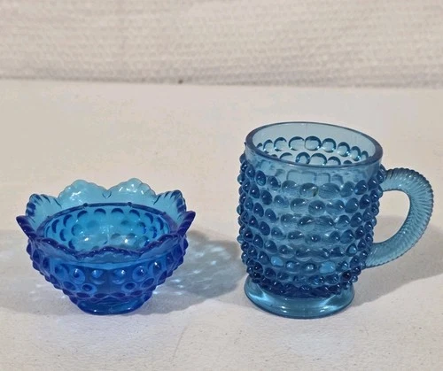 Fenton Blue Opalescent Hobnail Salt Dish w/ Blue Hobnail Glass Mug