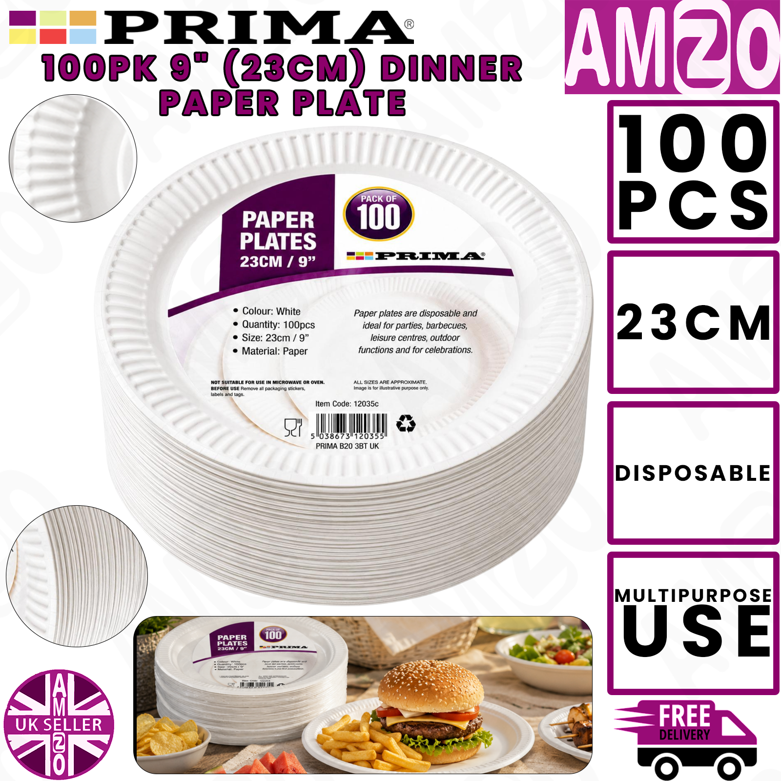 Prima 100Pcs 9"" White Paper Plates Disposable Party BBQ Catering Dinner Plates