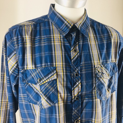 Realtree Mens Size XL Black Pearl Snap Long Sleeve Western Plaid Blue Gray Shirt - Picture 4 of 9