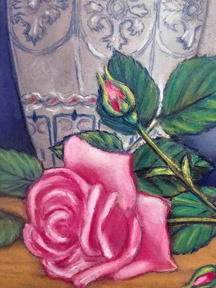 Pintura Original Floral Pastel Bodegón Rosas Rosas con Jarrón Vintage y Pájaro Foto 3 de 4