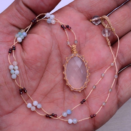 Hand Crafted Natural Rose Quartz Checker Cut Macrame Beaded Handmade Necklace - Picture 6 of 7