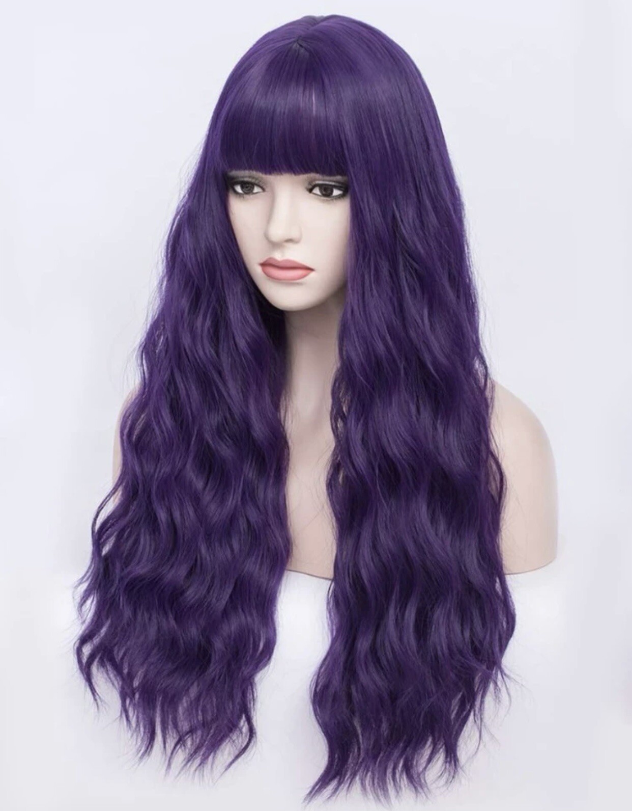 Perruque synthétique violette longue ondulée frange cheveux de mode femme