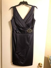 Satin Navy V-Neck Sleeveless Knee Length Mother of the Bride Groom Dress Size 10