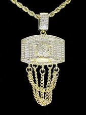 Basketball Chain CZ Pendant 14k Gold Plated 24" Rope Necklace Hip Hop Fashion