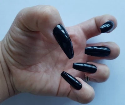 24 Black False Nails Hand Painted UV Gel Press On Nails Coffin Stiletto Square