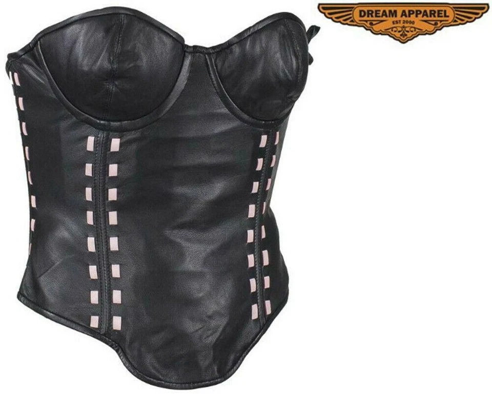 Sujetador corsé de cuero de cordero negro para mujer tazas tejido rosa con aros nailon encaje Foto 2 de 4