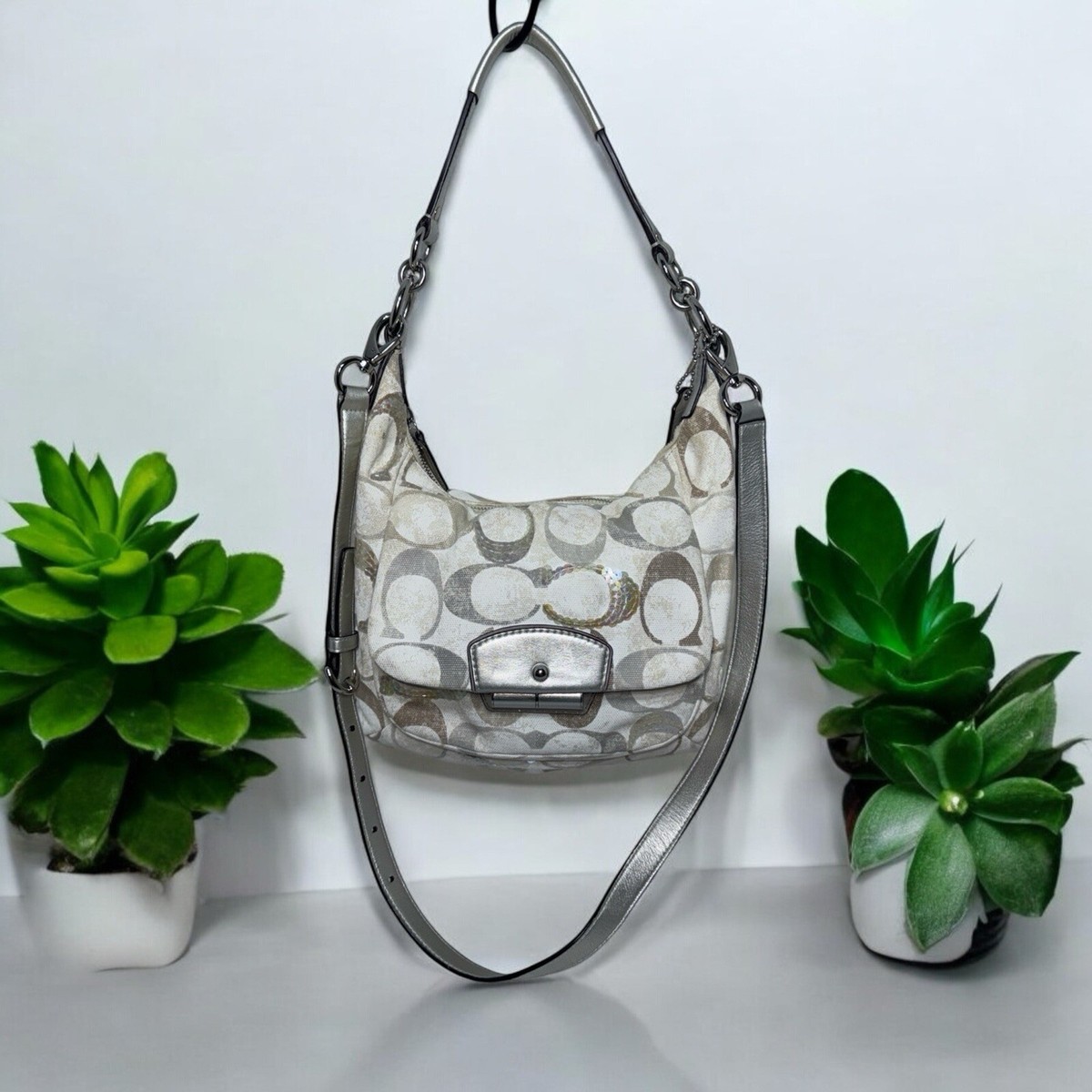 Coach Kristin Signature Hobo White Silver Grey Sequins Bag Purse
