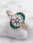 Fine Art Deco Vintage Round Created Diamond & Emerald Engagement 925 Silver Ring