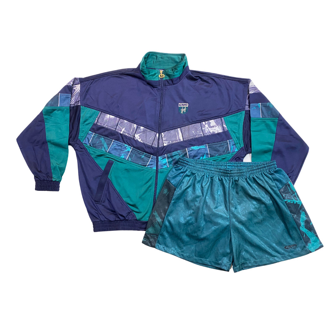 Cruyff Set Deportivo Chandal Años 90 Chaqueta Pantalón Corto Talla L Azul Nuevo