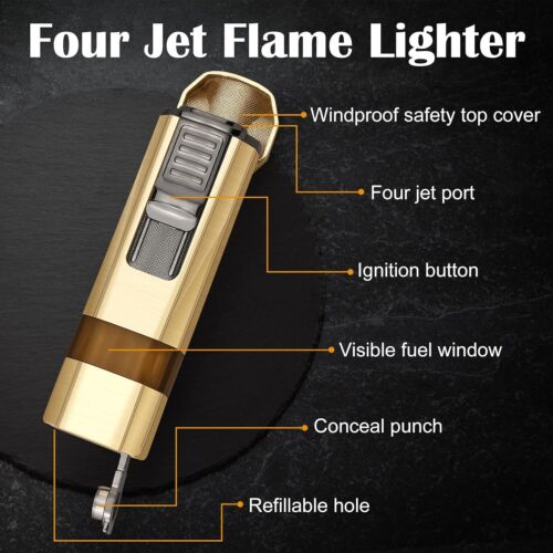 4 Jet Flame Zigarrenfeuerzeug mit Zigarrenständer Winddichtes Feuerzeug - Bild 4 von 26