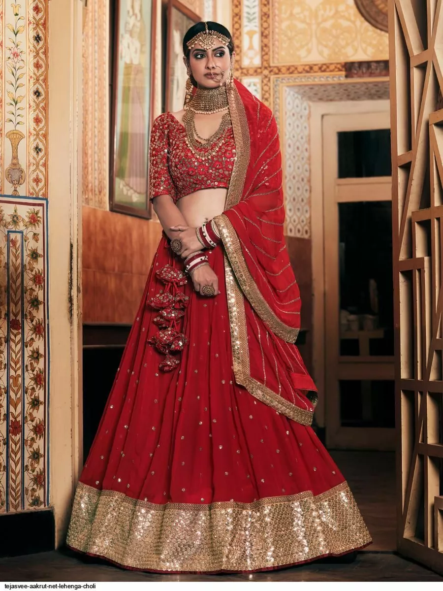 Bridal Red Sequins Work Lehenga Choli Indian Ethnic Wedding Lengha Chunri Sari