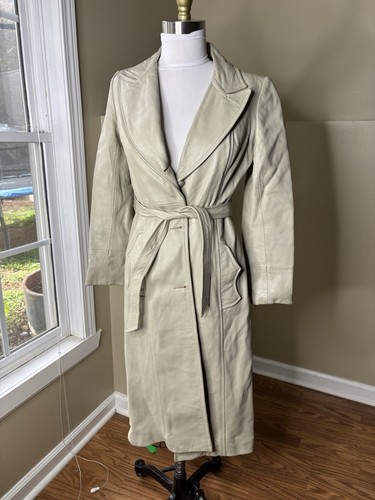 Vintage White Marquis of London Full Length Real Leather Trench Coat Size 9 Flaw
