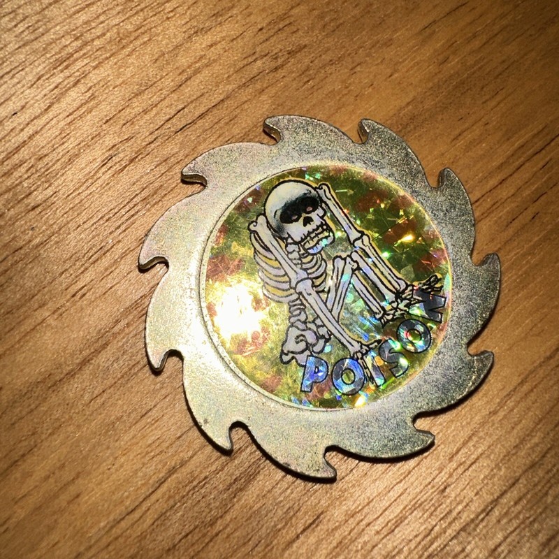 Vintage 90s Metal Pog Slammer Blade Saw "Poison" Skull Skeleton
