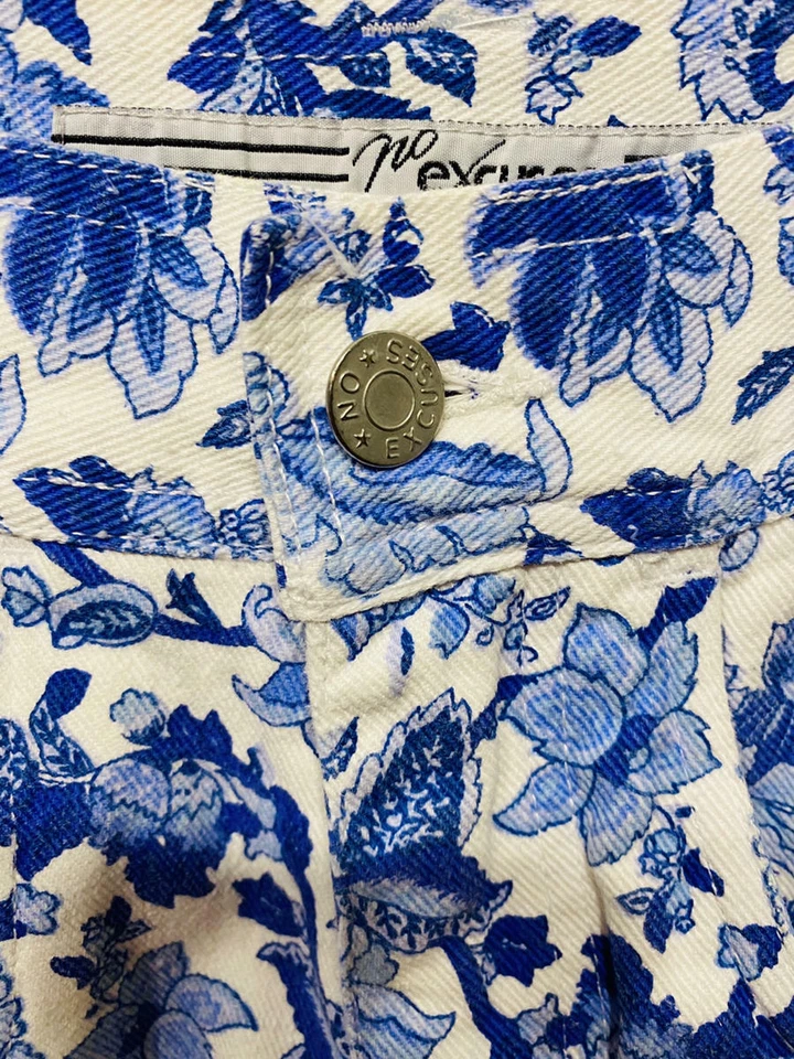 Pantalones Cortos Vaqueros De Colección Años 80 Denim SIN EXCUSAS Cintura Alta Azul Blanco Flores Plisados XS S Foto 4 de 4