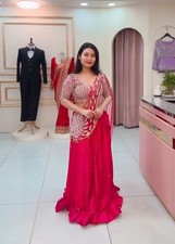 DARK PINK RED COLOR CREPE LEHENGA SAREE STITCH BLOUSE DUPATTA SET WEDDING FANCY.