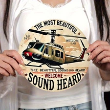 2D Flat Helicopter Design, Vintage Style Circular Metal Artwork Poster, Customiz