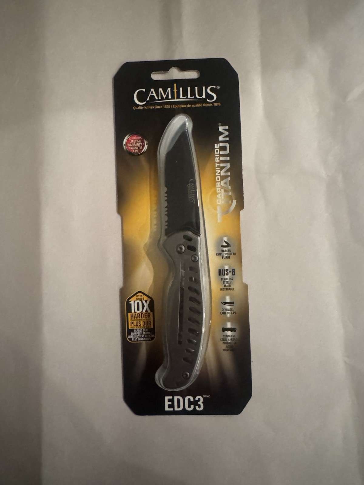 Camillus EDC3 Silver Titanium CarboNit.Folding Knife, 3" Blade, 6.75" OA, 19166