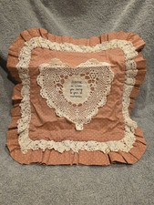Square Pink Hearts Ruffled Pillow Case 16x16 Lace And Cross Stich Cottagecore