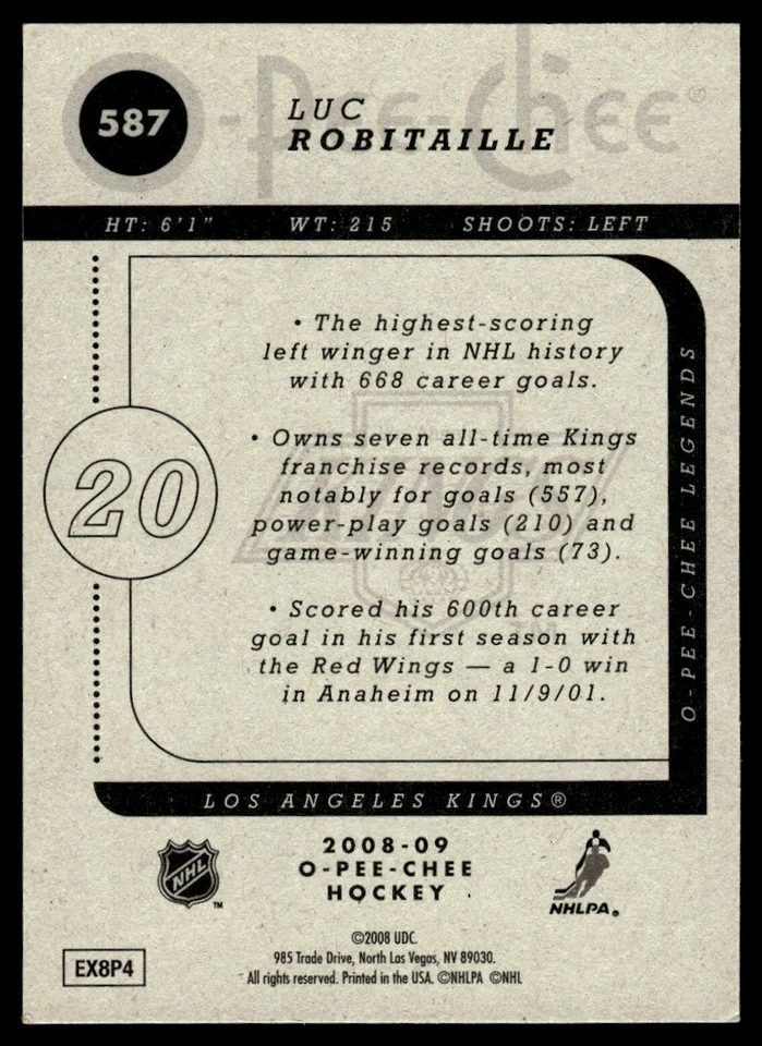 2008-09 O-Pee-Chee MARQUEE LEGENDS Luc Robitaille Los Angeles Kings #587 - Image 2 of 2