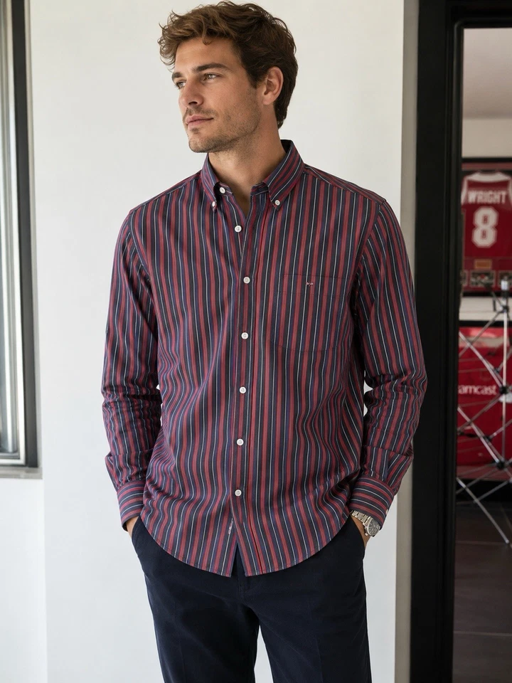 Eden Park Men’s 2XL Striped Shirt Navy Red Button Down Long Sleeve Cotton - Image 1 of 4