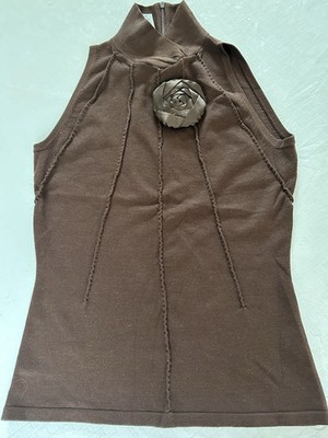 Cache Brown Mock Neck Sleeveless Knit Silk Blend Zip Back Tank Top S Flower