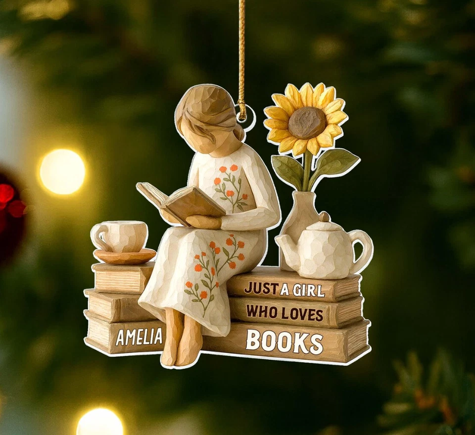 Adorno plano personalizado Just a Girl Who Loves Books 2D, regalo de lectura Navidad Foto 2 de 3