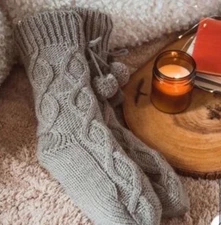 Muk Luks Pom Lounge Socks Gray Soft Warm Valentine Gift Cabin Slipper Fur Cable